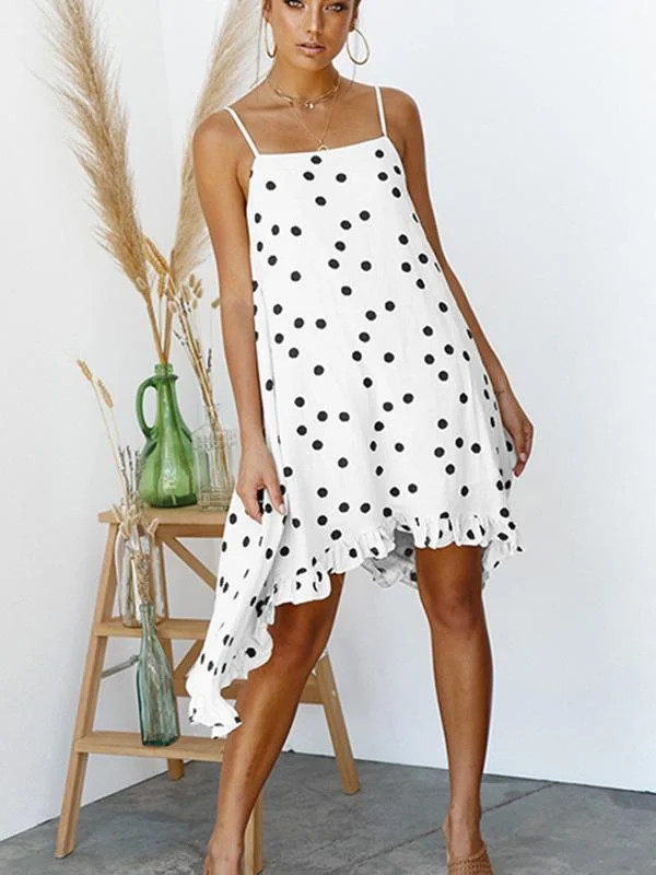 Chiffon Summer Bohemia Spaghetti-neck Dot Mini Dresses Crew Neckline Casual