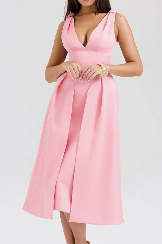 Deep V Neck Cinch Waist Satin Midi Dress Tunics Bridal satin