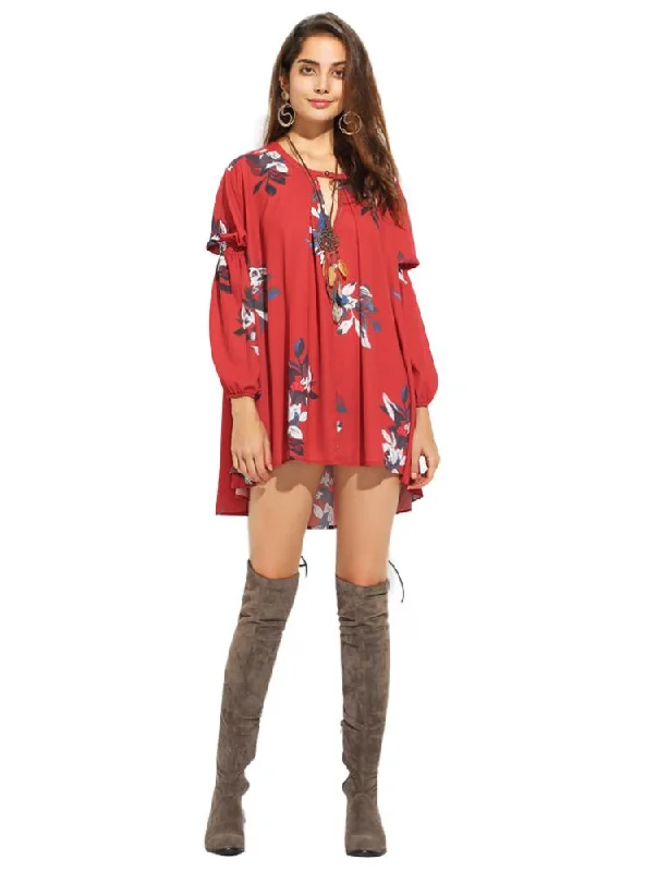 FLORAL PRINT FASHION SLEEVE CHIFFON MINI DRESS CUTE Tunics Denim casual