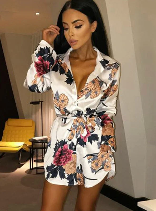 Floral Print Notched Dress Women Summer Long Sleeve Sexy Split Tunics Velvet soft