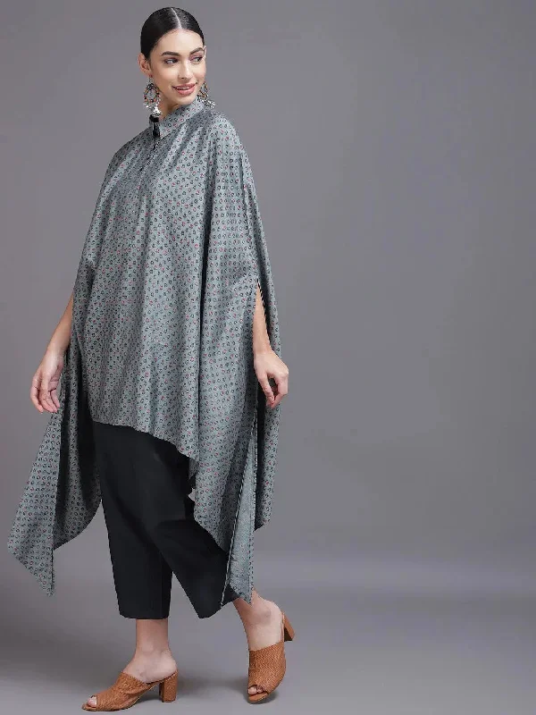 Grey Printed Silk Blend Kaftan Kaftan With Trousers Trousers Floral Bohemian