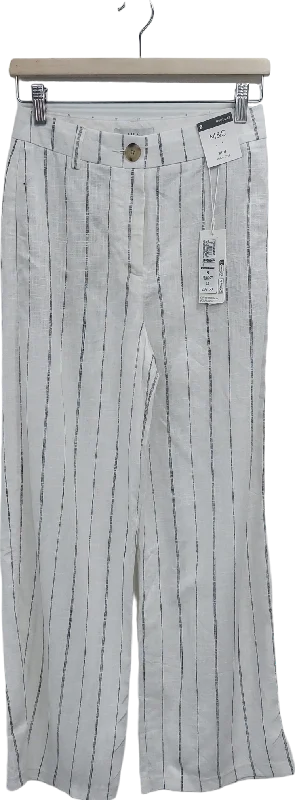 M&S White Striped Wide Leg High Rise Trousers UK 8 Chinos Cotton Straight Leg