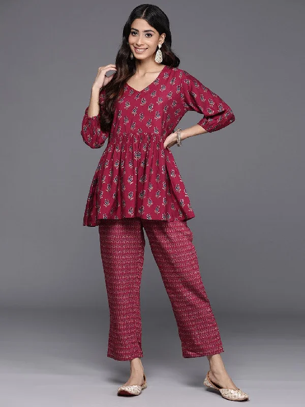 Maroon Printed Silk Blend Top With Trousers Trousers Palazzo Wide Leg