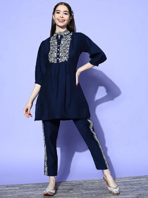 Navy Blue Embellished Silk Blend Tunic With Trousers Trousers Striped Patterned