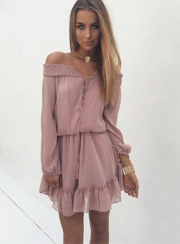 Off Shoulder Long Lantern Sleeve Chiffon Vintage Dress Crew Neckline Sporty