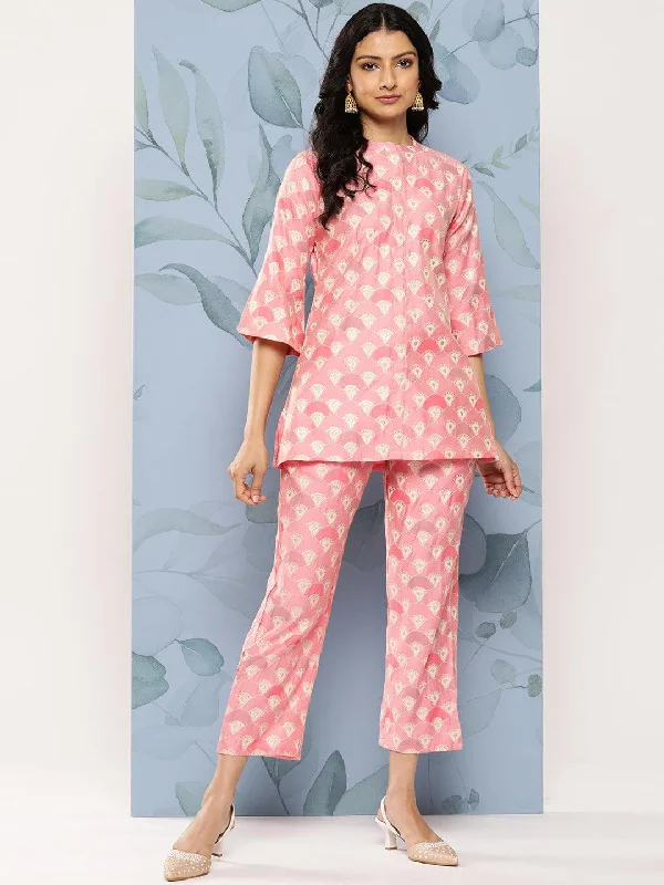 Pink Printed Silk Blend Top Tunic With Trousers Trousers Tapered Slim Fit