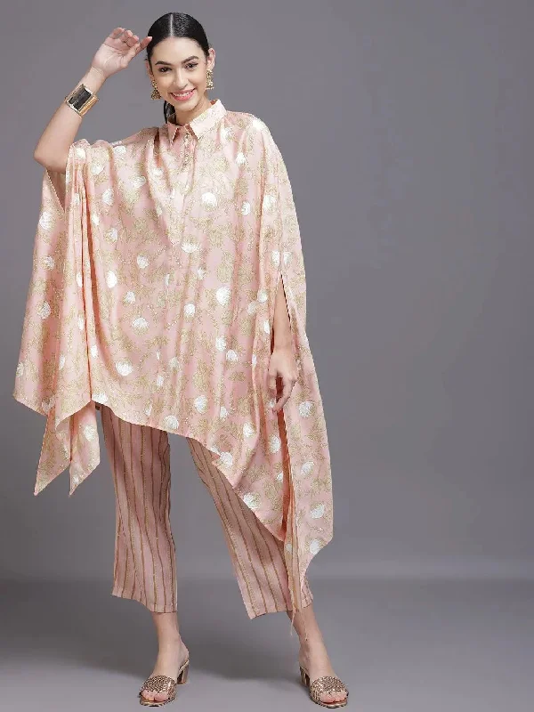 Pink Printed Silk Blend Kaftan Kaftan With Trousers Trousers Leather Faux