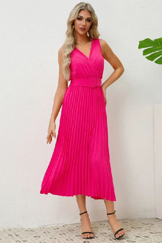 Pleated Sleeveless Dress with Belt Tunics Office stylish