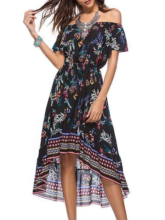 Print Asymmetric Off-the-shoulder Bohemia Midi Dress Tunics Versatile stylish