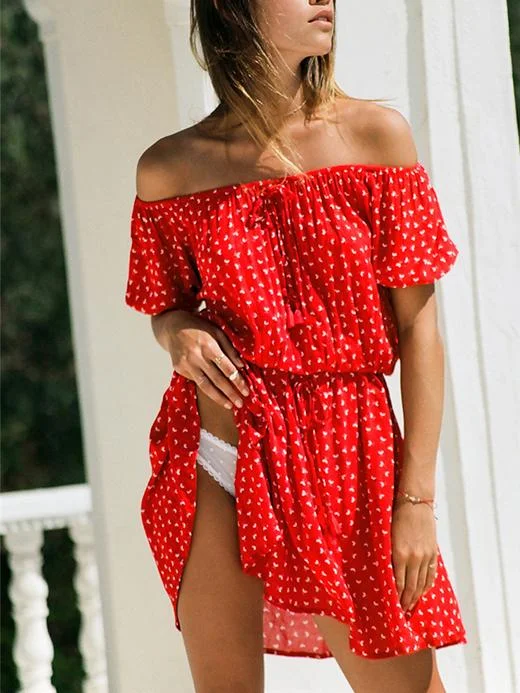 Red Summer Floral Printed Off-the-shoulder Short Sleeves Mini Dress Tunics Mesh breathable