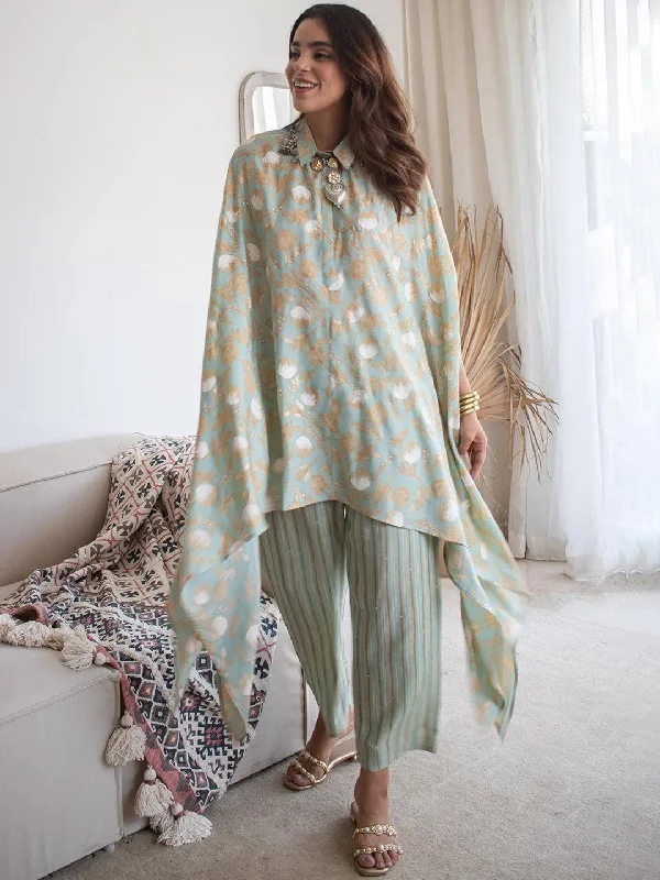 Sea Green Printed Silk Blend Kaftan Kaftan With Trousers Trousers Denim Blue