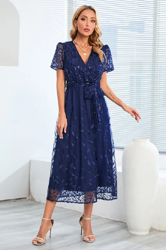 Sequin Leaf Embroidery Tie Front Dress Tunics Stylish modern