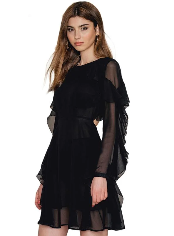 SOLID BLACK MINI DRESS RUFFLES LACE-UP CHIFFON Tunics Occasion special