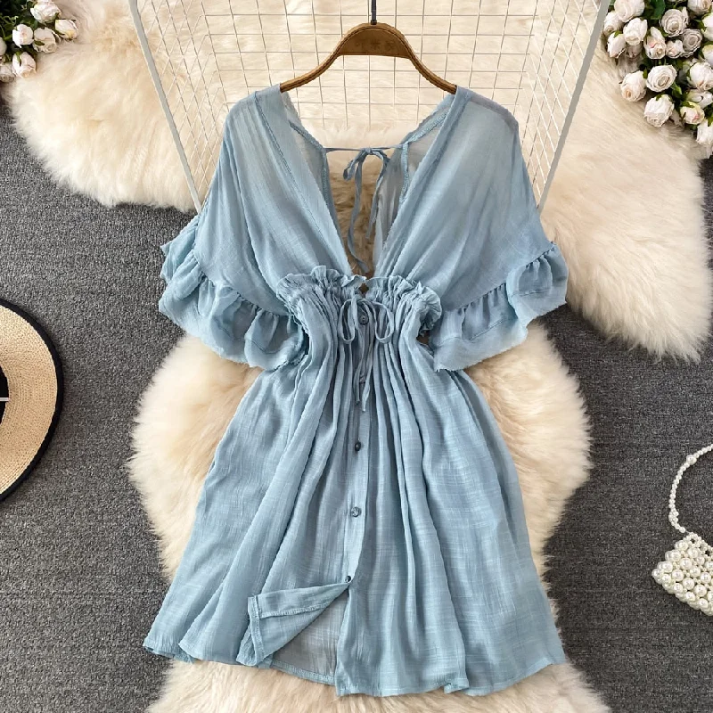 Spring Summer Boho Mini Dress for Women Deep V-Neck Ruffles Draw String Female Short Robe Sexy Draped Beach Vacation New In Chic Tunics Wedding white