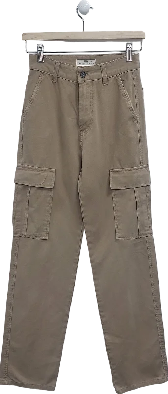 Stradivarius Beige Straight Leg Cargo Trousers In Stone UK 6 High Waist Slim Fit Ankle Length