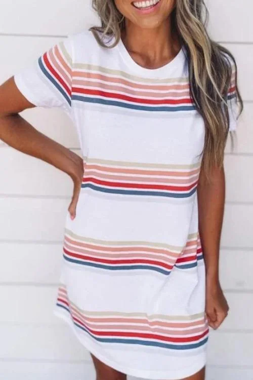 Stripe O Neck Short Sleeve Mini Dress Tunics Short Trendy