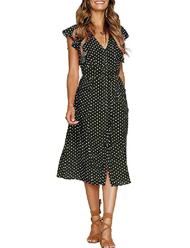 Summer Boho Polka Dot Sleeveless V Neck Swing Midi Dress with Pockets Tunics Party sparkling