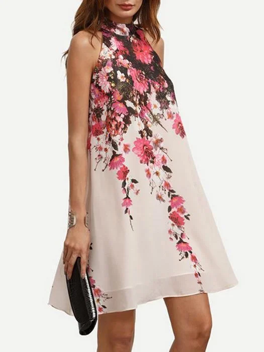 Summer Chiffon Floral Printed A-line Sleeveless Mini Dress Tunics Trousers formal