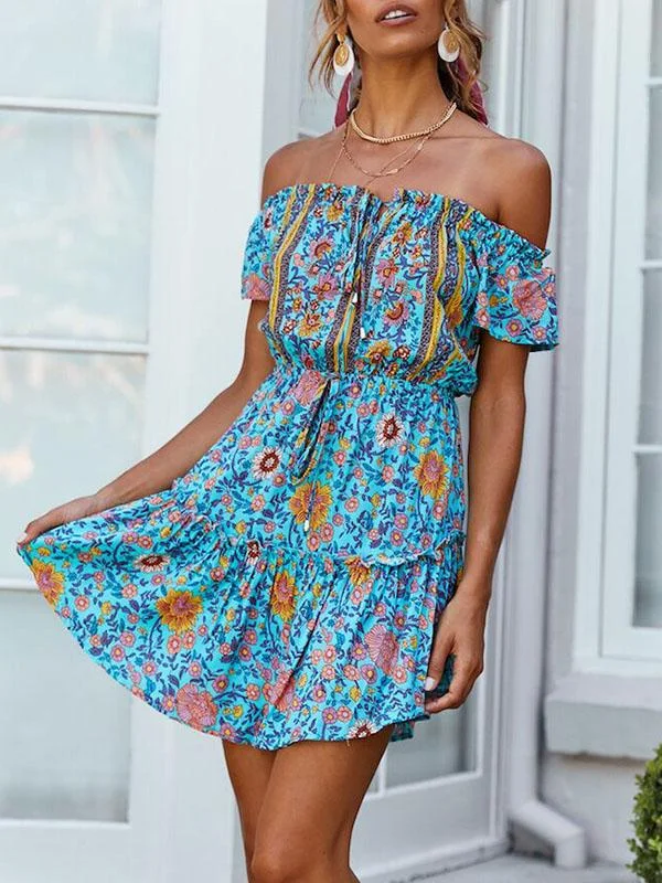 Summer Print Off-shoulder Sexy Mini Dress Tunics Luxurious high-end