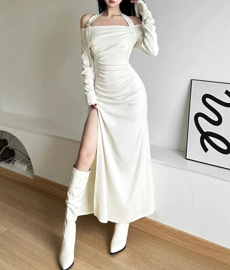 Autumn Evening Party Intellectual Elegant Dignified Mature Sexy Feminine Pure Color Simple Women'S  Long Neck Dress Tunics Sophisticated sleek