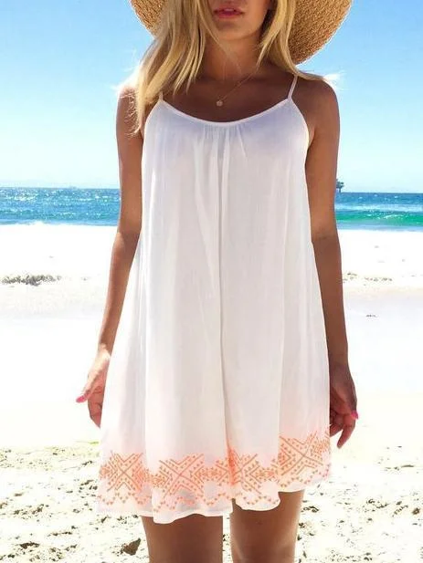 White Short Printed Spaghetti-neck Backless Mini Dress Tunics Running lightweight