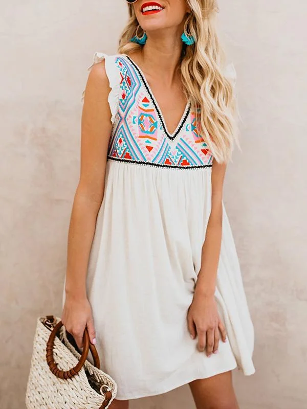 White Summer Floral Sleeveless V-neck V-back Midi Dress Tunics Denim casual