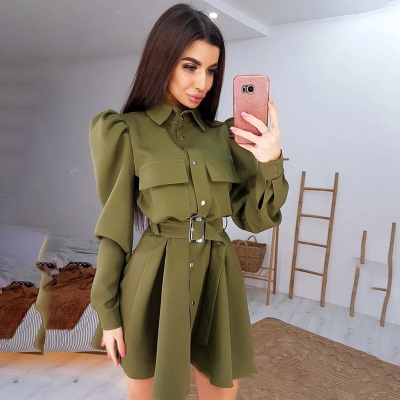 Women Casual Puff Sleeve Belt A Line Party Dress Long Sleeve Turn Down Collar Office Lady Fashion Autumn Winter Mini Dress Tunics Chic elegant