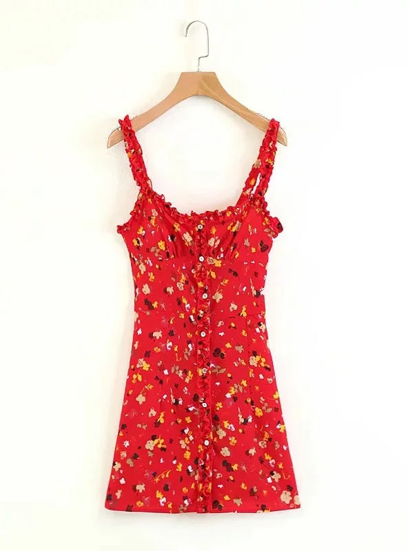 Women Red Floral Printed Sling Dress Sexy Sleeveless Mini Dress Tunics Formal black