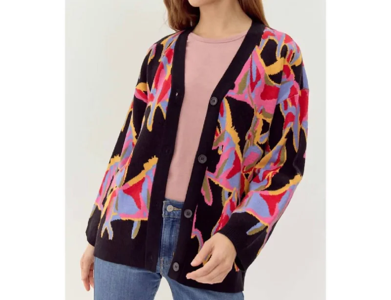 Abstract Horse Print Knit Cardigan In Black/pink Front Pockets Side Pockets Patch Pockets