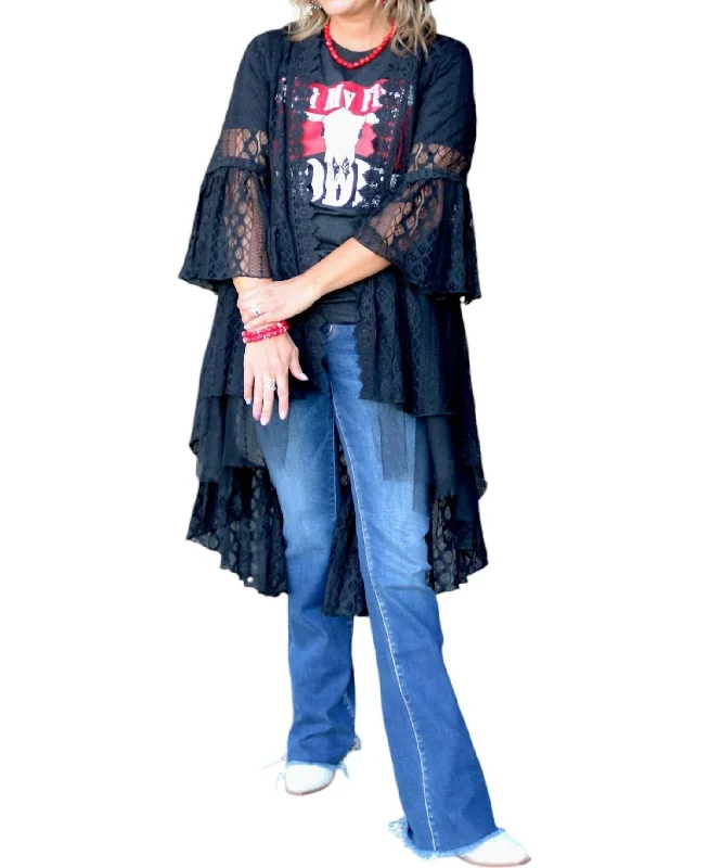 Backstage Pass Lace And Crochet Cardigan In Black Silk Blend Satin Velvet