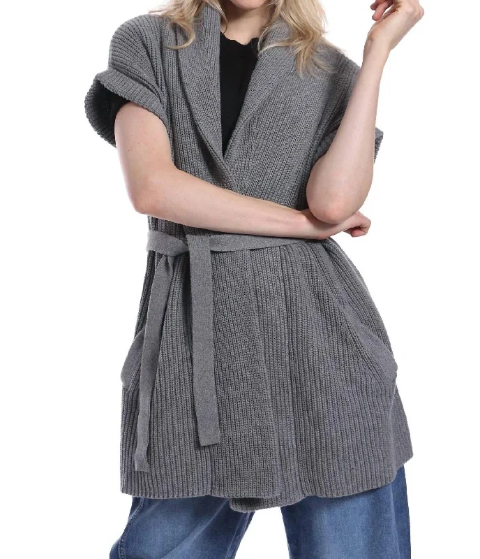 Belted Cardigan In Grey Shadow Zippered Front Buttoned Front Snap Front