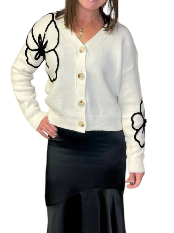 Black Floral Cardigan In Ivory Seamless Knitted Crochet