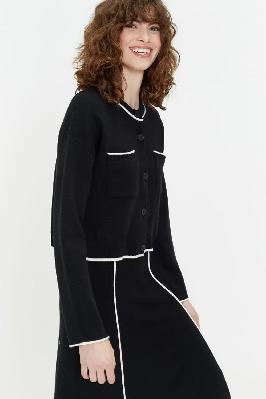 Black Merino Jeanne Milano Cardigan Asymmetrical,ymmetric Pencil Cardigan