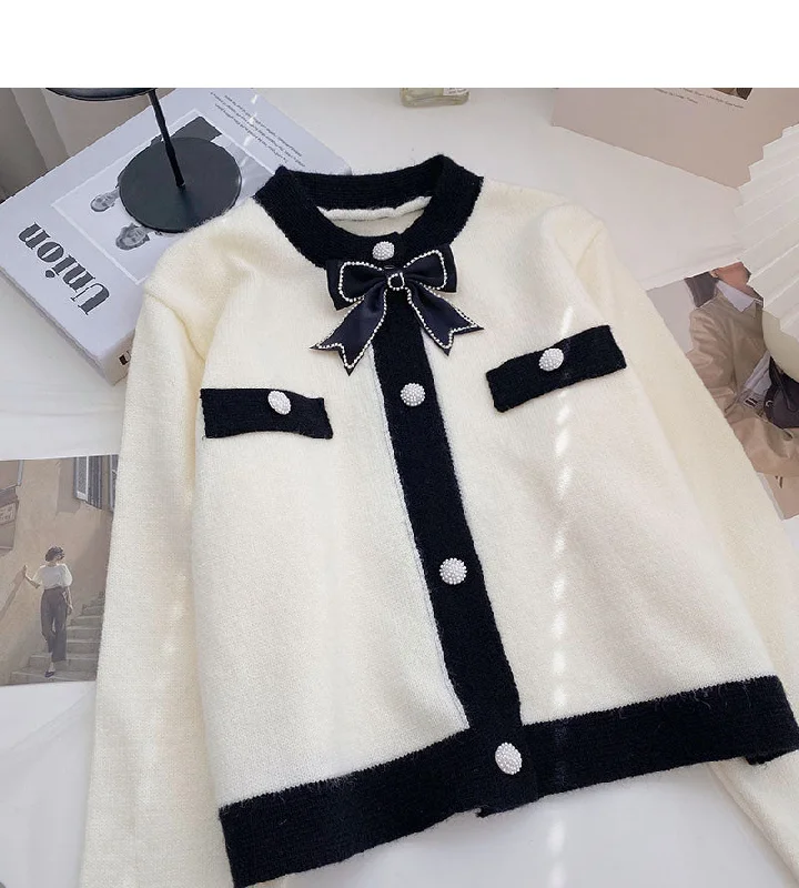 Bow small fragrance retro color matching long sleeved knitted cardigan  6495 Fleece Fabric Down Fabric Feather Fabric