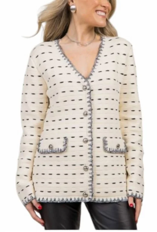 Button Down Cardigan In Cream/blk Tailored Straight A-Line