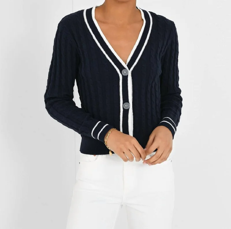 Cable Varsity Cardigan In Navy Solid Color Striped Floral Print