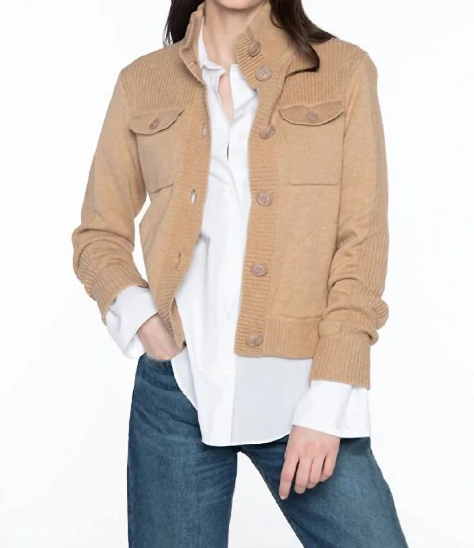 Cargo Cardigan In Camel Rayon Fabric Velvet Fabric Corduroy Fabric