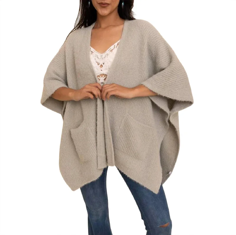 Chic Boucle Cozy Poncho Cardigan In Sage Mesh Fabric Canvas Fabric Denim Fabric