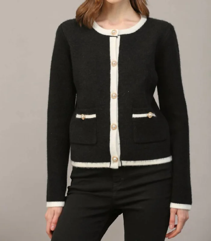 Color Block Cardigan With Pearl Button In Black/cream Cotton Fabric Linen Fabric Terry Fabric