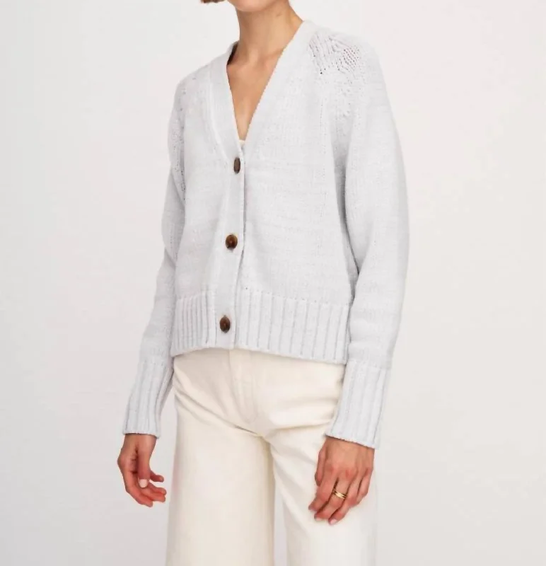 Cotton Rope Cardigan In Pale Grey Ribbed Striped Patterned