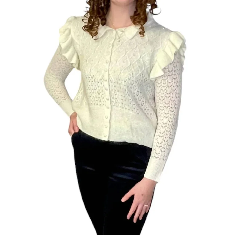 Crochet Pearl Cardigan In Ivory Print Jacquard Patchwork