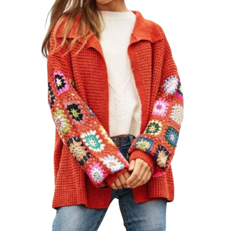 Crochet Sleeve Cardigan In Red Collared Crew Neck Turtle Neck