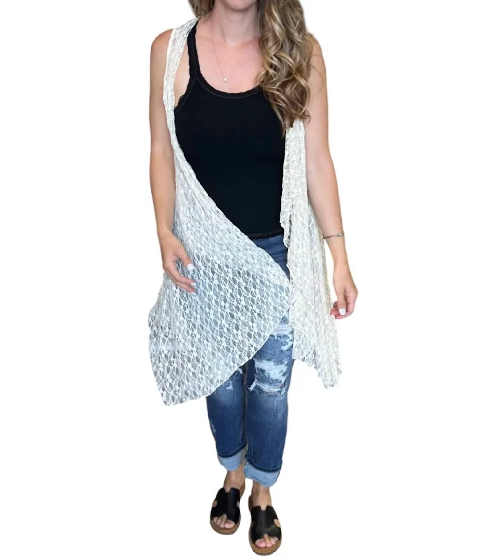 Dance Party Neutral Lace Cardigan Vest In Natural Handmade Hand-knitted Hand-woven