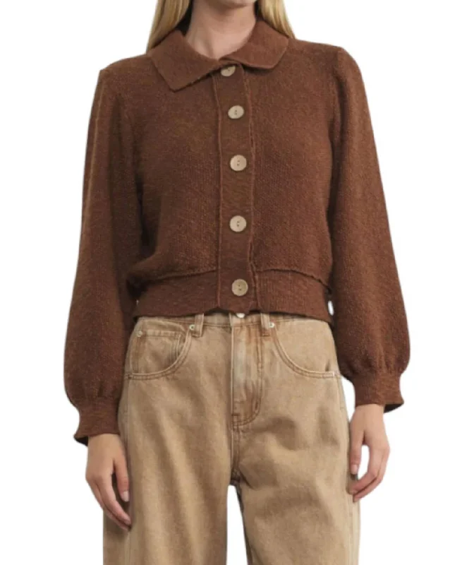 Dorothea Cardigan In Brown Collared Crew Neck Turtle Neck