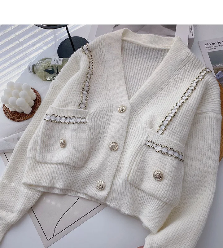 Double pocket V-Neck long sleeve small fragrance knitted cardigan  5905 Chenille Brocade Lace