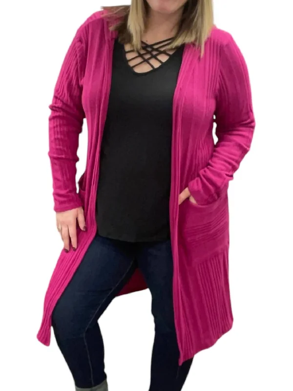 Duster Cardigan In Fuchsia Striped Floral Plaid