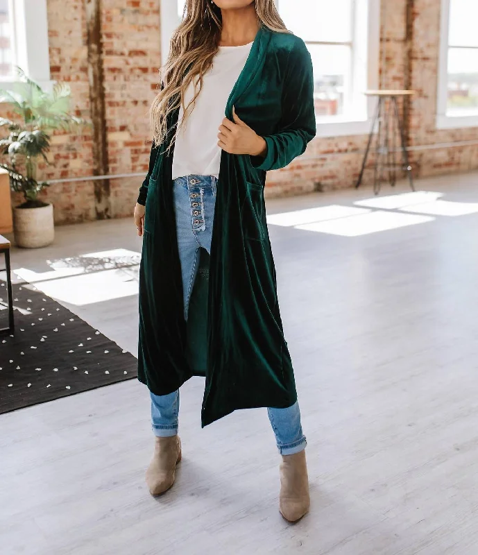 Eve Velvet Long Cardigan In Green Stretchy Elastic Breathable