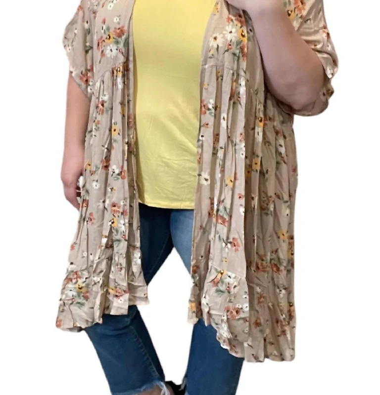 Floral Cardigan In Hazelnut Zippered Buttoned Snapped