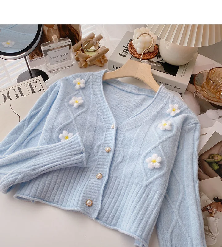 Floret three-dimensional design V-neck knitted cardigan  6475 Cable Knit Ribbed Knit Lace Knit