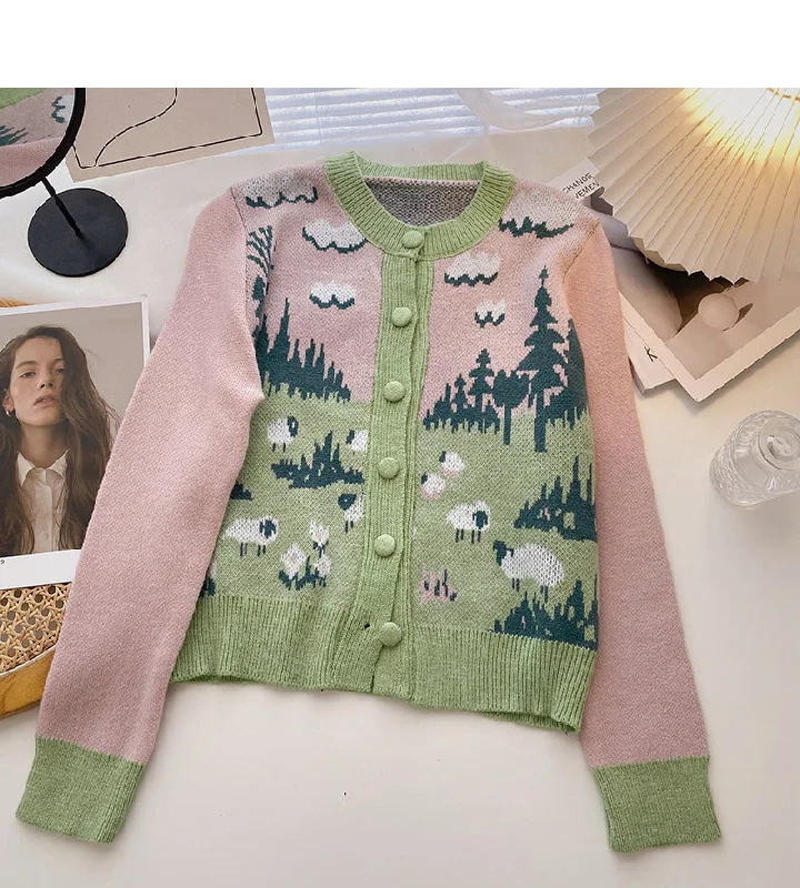 Foreign style retro oil painting color matching coat knitted cardigan  5960 Zippered Buttoned Snapped